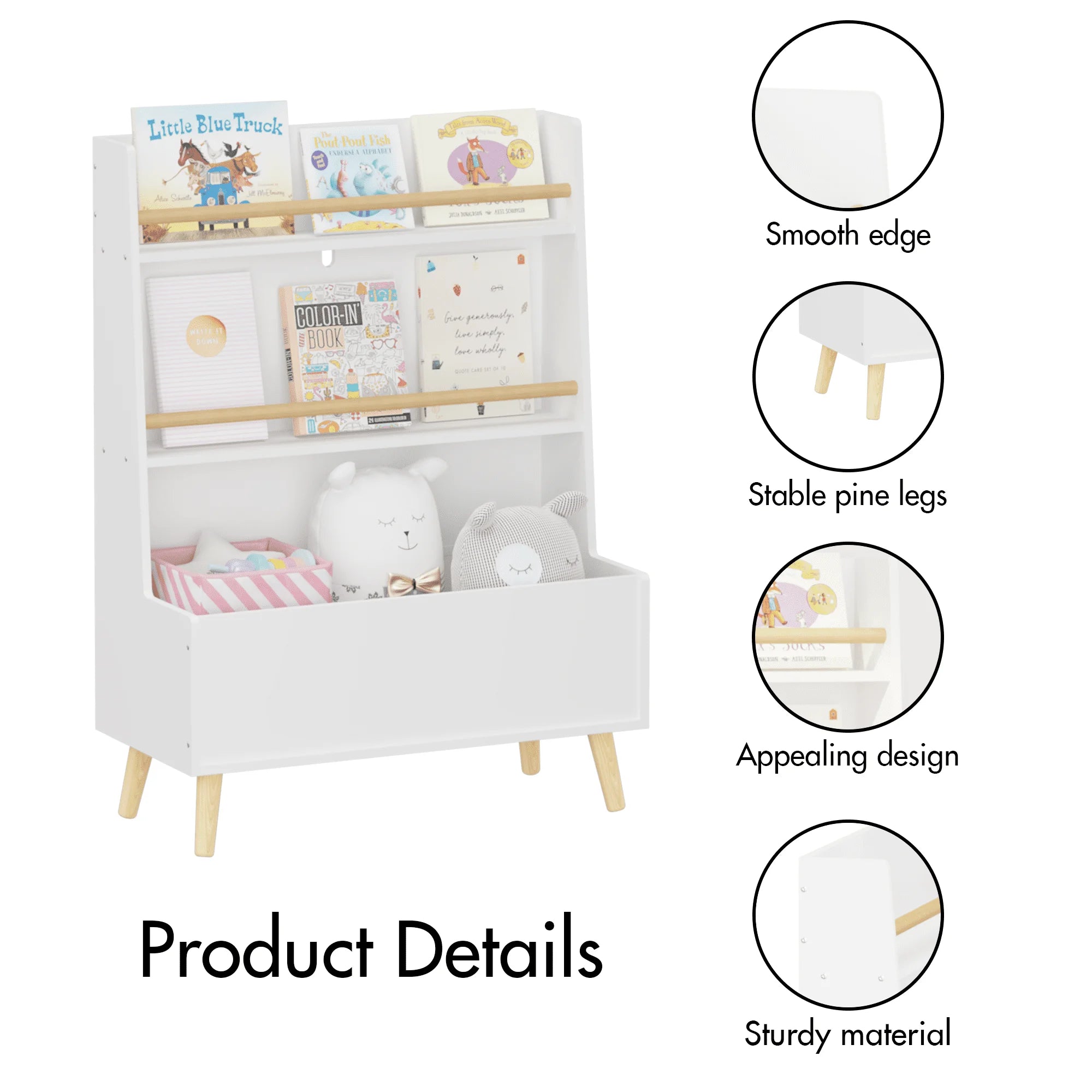 Bookshelf for Kids, Wooden Kids Bookshelf with Toy Storage Cabinet and 2 Shelves, Freestanding Bookcase Organizer for Bedroom, Playroom, White