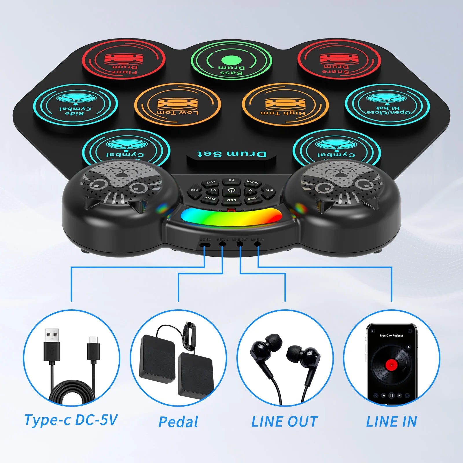 Electronic Drum Set for Kids Adults,9 Pads Portable MIDI Roll-Up Drum Kit with Dual Speakers / Headset Jack / Drumsticks / Foot Pedals,For Beginners