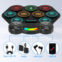 Electronic Drum Set for Kids Adults,9 Pads Portable MIDI Roll-Up Drum Kit with Dual Speakers / Headset Jack / Drumsticks / Foot Pedals,For Beginners