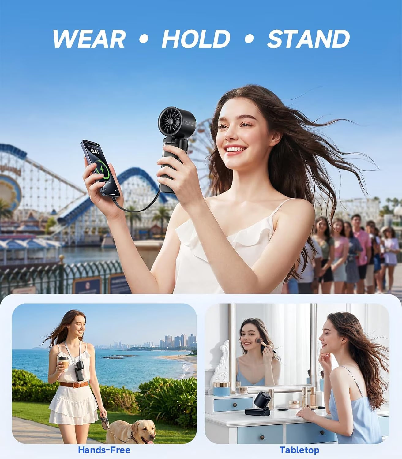 Portable Handheld Fan, 8000Mah Rechargeable Personal Fan, 100-Speed Wind, Built-In Type-C Cable, LED Display,135° Tilt Foldable for Desk/Neck/Travel