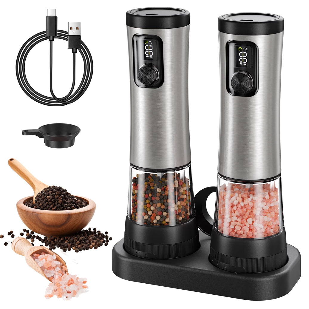 Electric Salt and Pepper Grinder Set, Automatic Rechargeable Salt and Pepper Mill with LED Display, Salt Pepper Shaker Electric with 5 Adjustable Coarseness