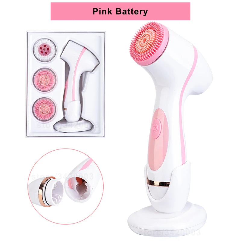 Portable 6-In-1 Silicone Electric Cleansing Brush Facial Pore Cleaning and Exfoliating Waterproof Sonic Cleansing Brush