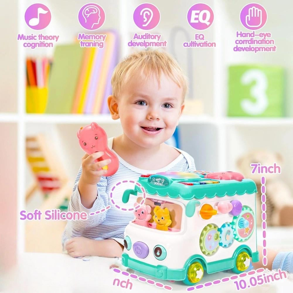 Baby Activity Bus Toy Set 6-In-1 Multifunctional Musical Learning Bus Includes Mini Car & Building Blocks Early Educational Toy for Toddlers Ages 1-3