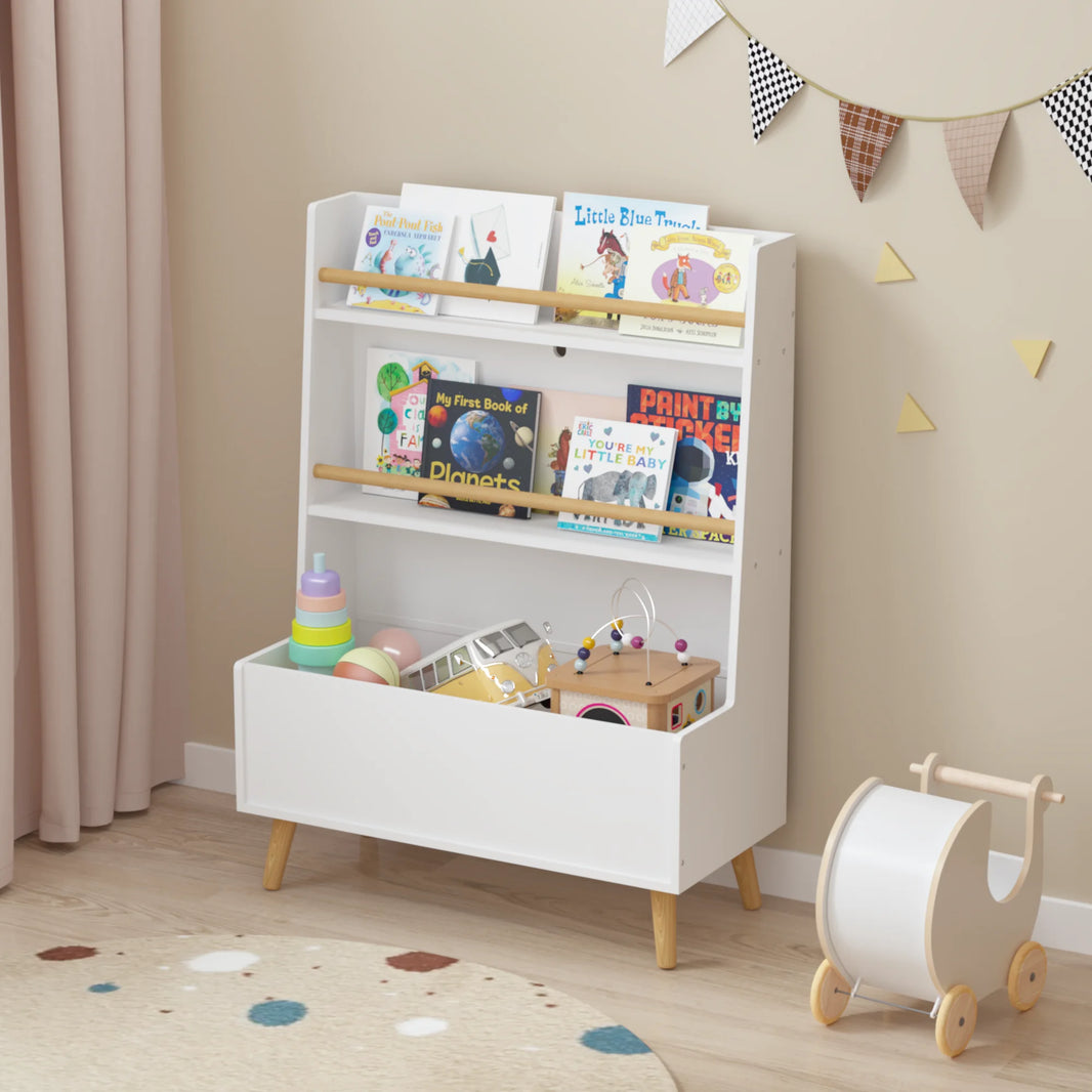 Bookshelf for Kids, Wooden Kids Bookshelf with Toy Storage Cabinet and 2 Shelves, Freestanding Bookcase Organizer for Bedroom, Playroom, White